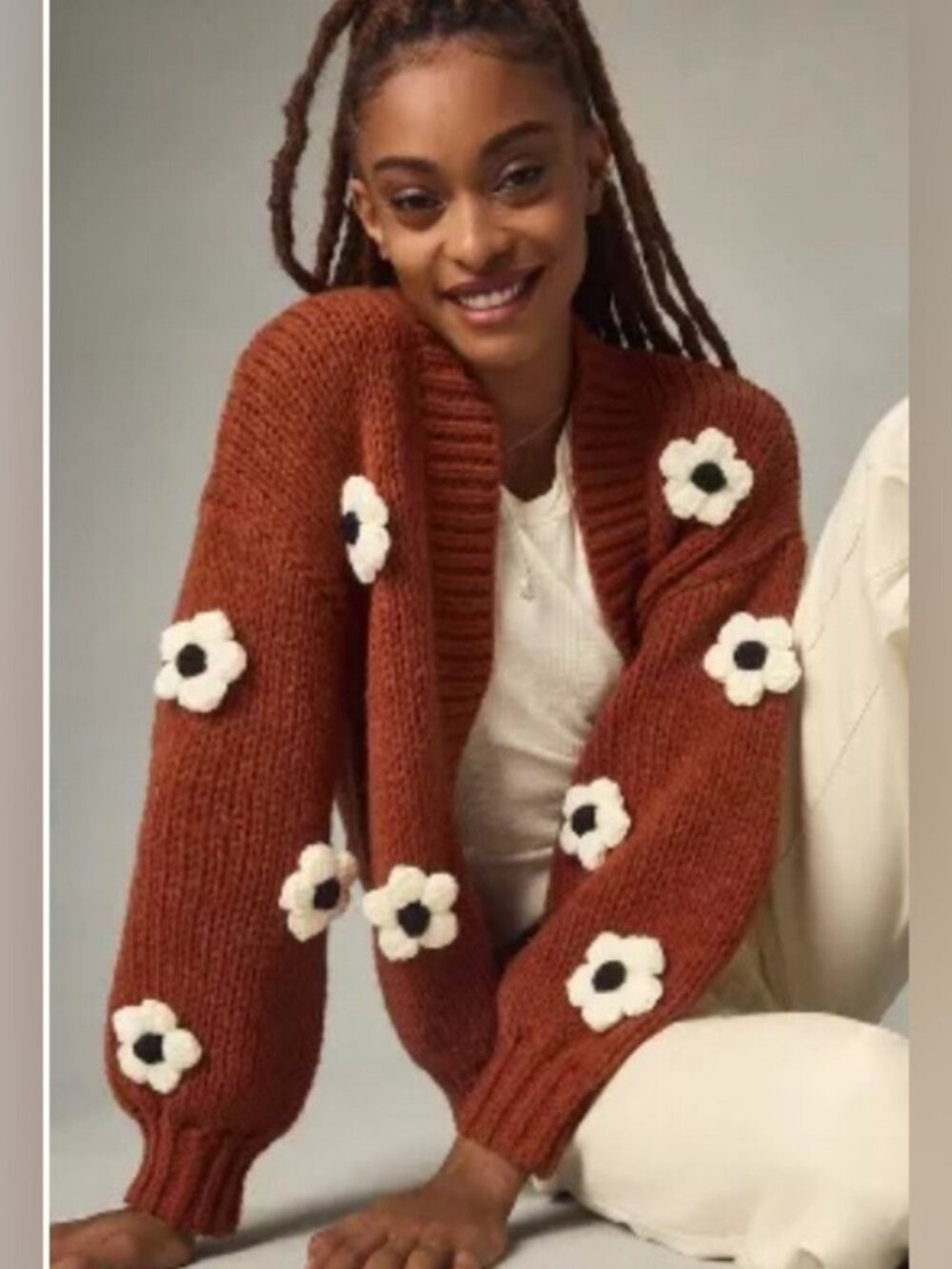 Maeve Anthropologie Susannah Chunky Rust 3D Flower Cardigan OS